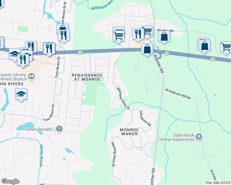 map of restaurants, bars, coffee shops, grocery stores, and more near 1049 Morning Glory Drive in Monroe Township