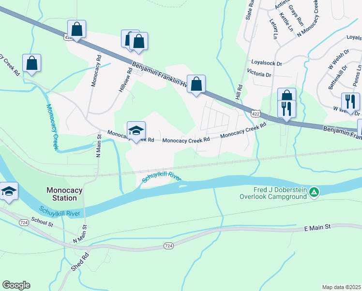 map of restaurants, bars, coffee shops, grocery stores, and more near 636 Monocacy Creek Road in Birdsboro