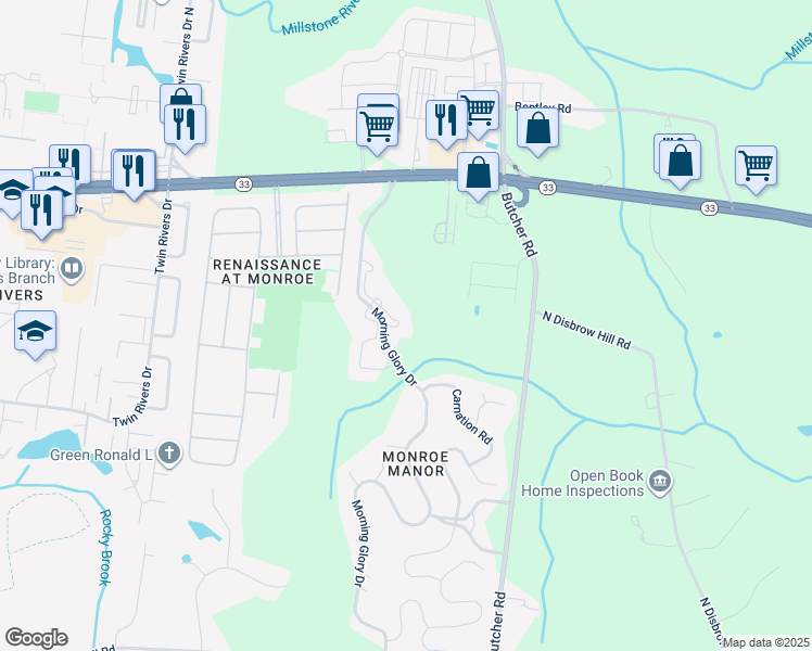 map of restaurants, bars, coffee shops, grocery stores, and more near 1184 Morning Glory Drive in Monroe Township