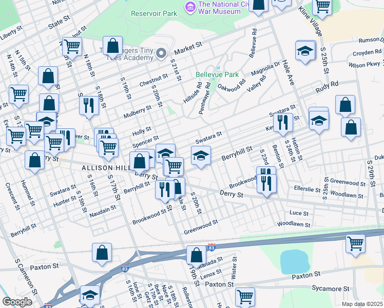 map of restaurants, bars, coffee shops, grocery stores, and more near 2026 Kensington Street in Harrisburg