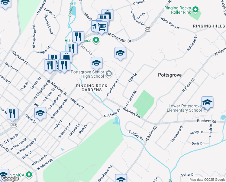 map of restaurants, bars, coffee shops, grocery stores, and more near 1250 Kauffman Road in Pottstown