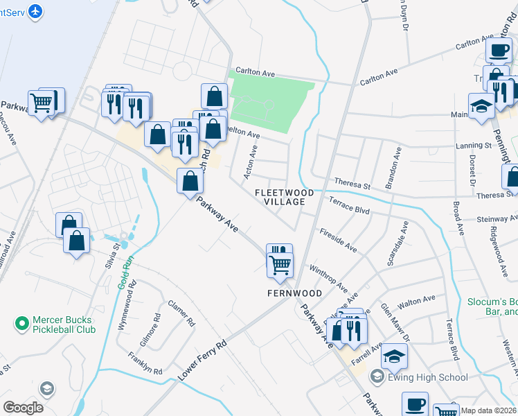 map of restaurants, bars, coffee shops, grocery stores, and more near 17 Dixmont Avenue in Ewing Township