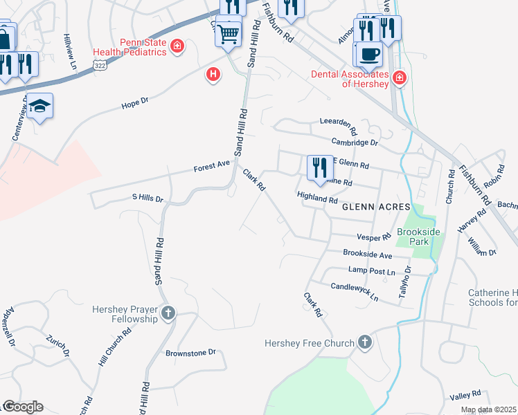 map of restaurants, bars, coffee shops, grocery stores, and more near 31 Woodland Ave in Hershey