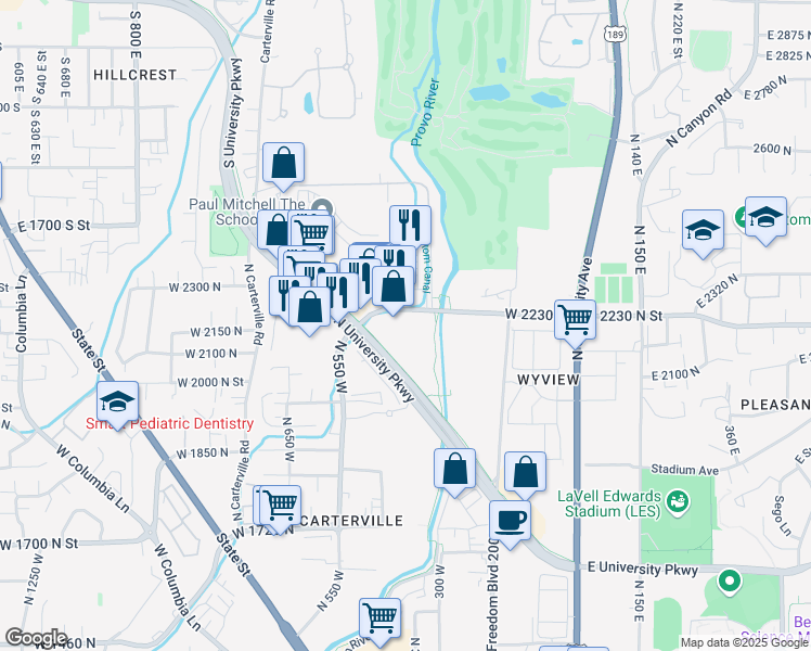map of restaurants, bars, coffee shops, grocery stores, and more near 7 West 2230 North in Provo