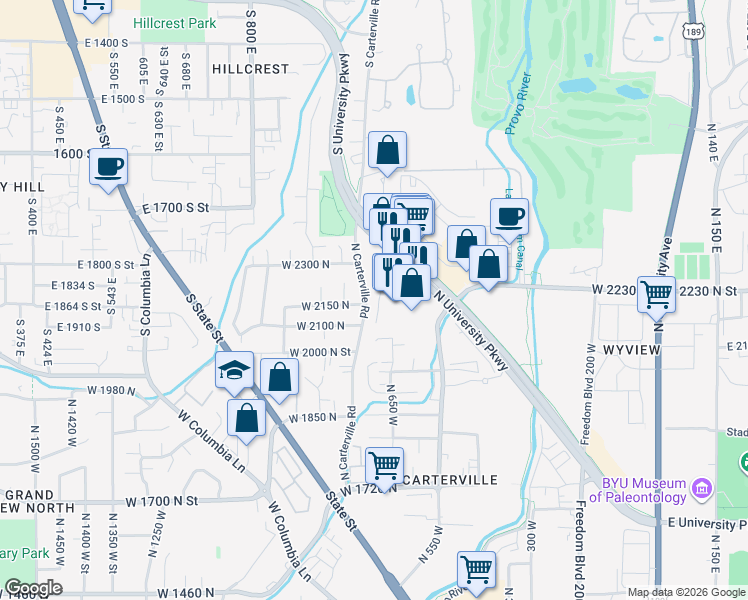 map of restaurants, bars, coffee shops, grocery stores, and more near 2164 North Carterville Road in Provo