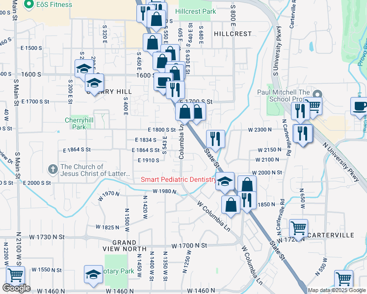 map of restaurants, bars, coffee shops, grocery stores, and more near 1840 South Columbia Lane in Orem