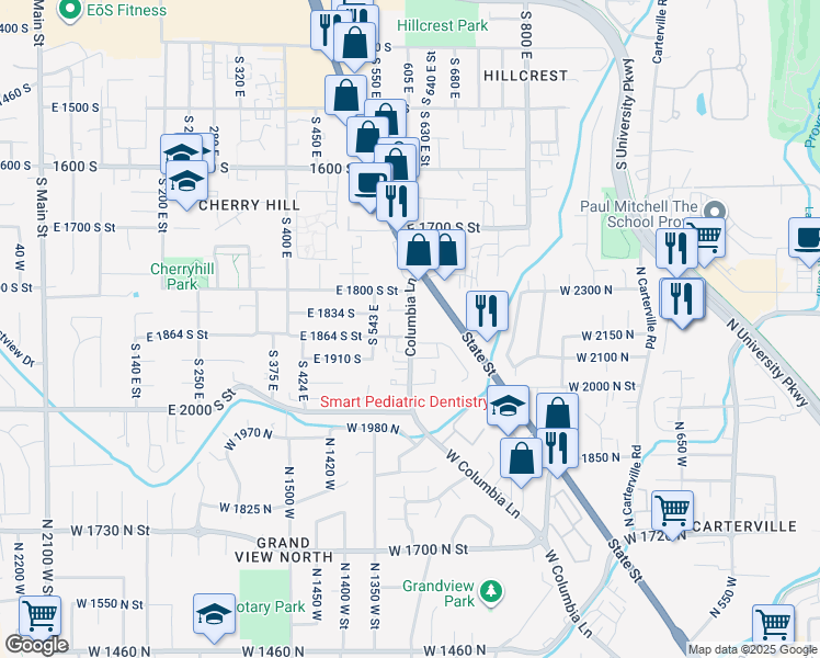 map of restaurants, bars, coffee shops, grocery stores, and more near 1840 South Columbia Lane in Orem