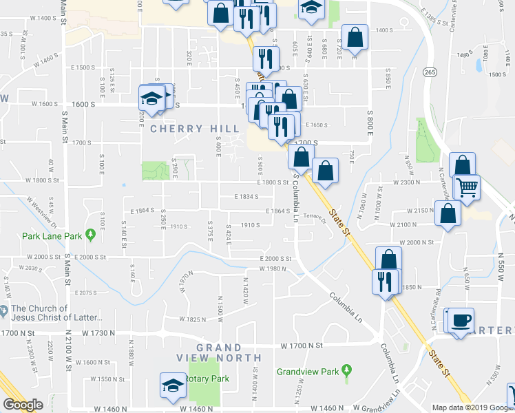 map of restaurants, bars, coffee shops, grocery stores, and more near 525 East 1834 South in Orem