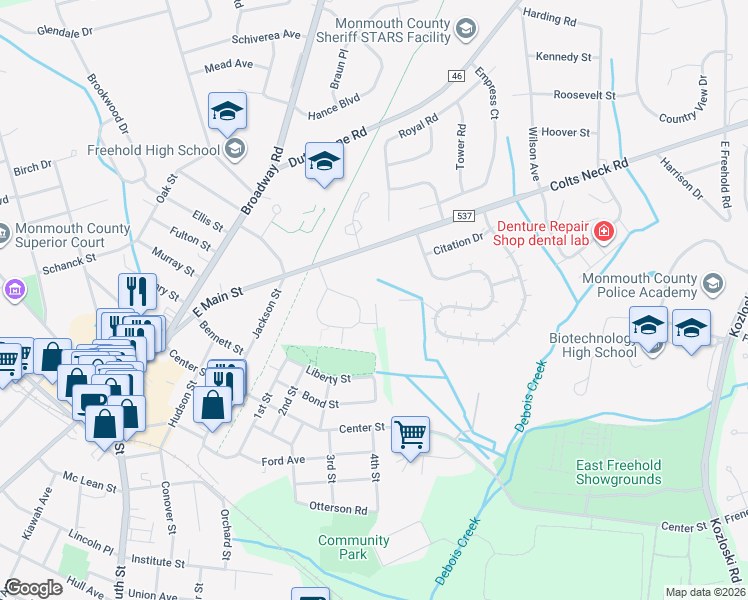 map of restaurants, bars, coffee shops, grocery stores, and more near 717 Zlotkin Circle in Freehold
