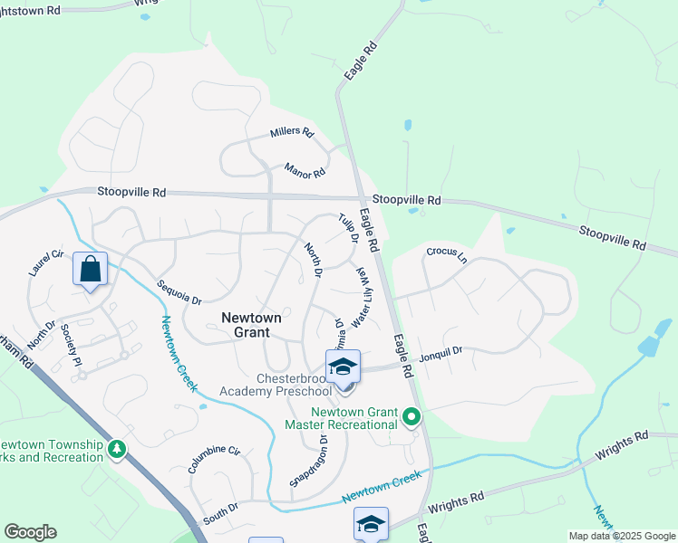 map of restaurants, bars, coffee shops, grocery stores, and more near 6 Tulip Drive in Newtown