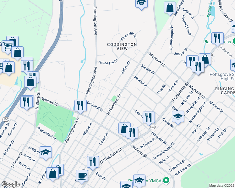 map of restaurants, bars, coffee shops, grocery stores, and more near 919 North Hanover Street in Pottstown