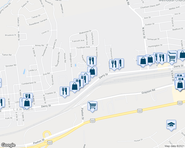 map of restaurants, bars, coffee shops, grocery stores, and more near 5634 Lancaster Street in Harrisburg