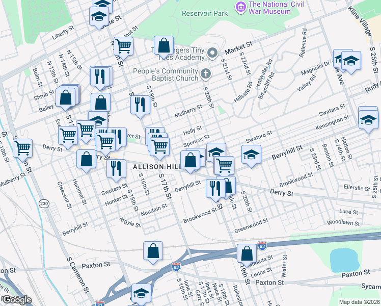 map of restaurants, bars, coffee shops, grocery stores, and more near 1825 Rudy Road in Harrisburg