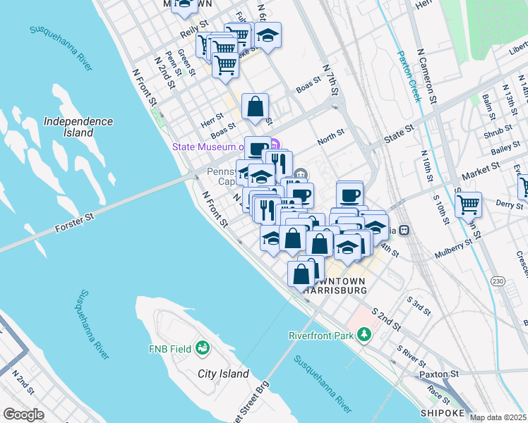 map of restaurants, bars, coffee shops, grocery stores, and more near 218 South Street in Harrisburg