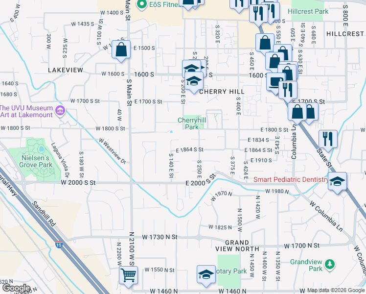 map of restaurants, bars, coffee shops, grocery stores, and more near 203 East 1864 South in Orem