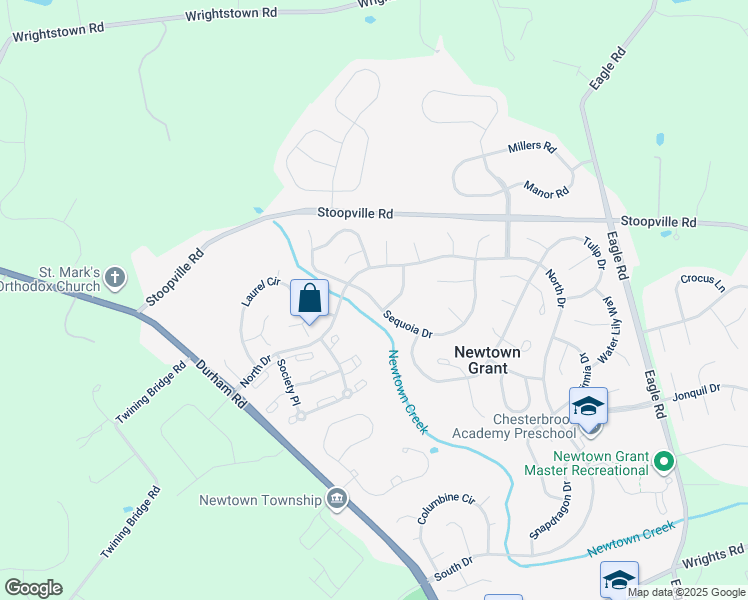 map of restaurants, bars, coffee shops, grocery stores, and more near 23 Sequoia Drive in Newtown
