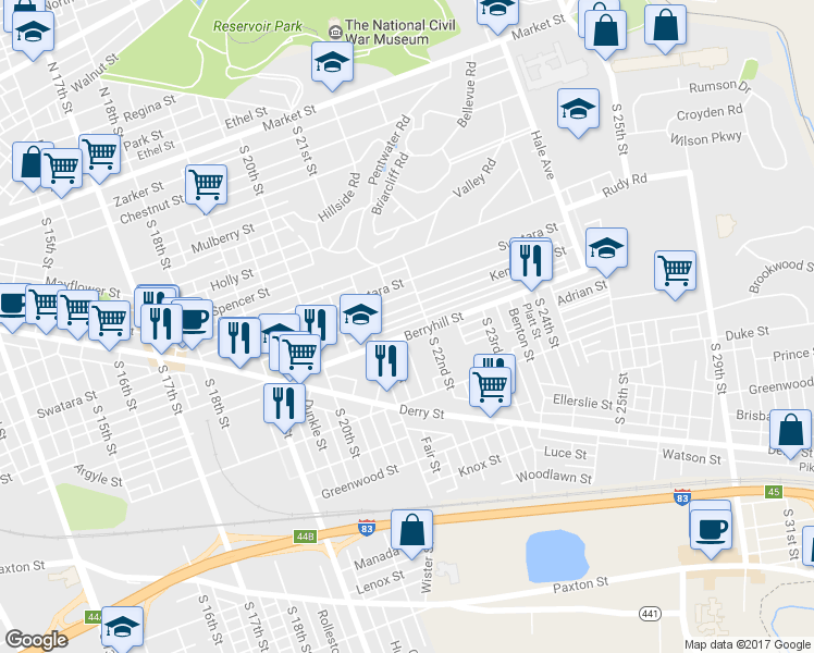 map of restaurants, bars, coffee shops, grocery stores, and more near 2142 Berryhill Street in Harrisburg