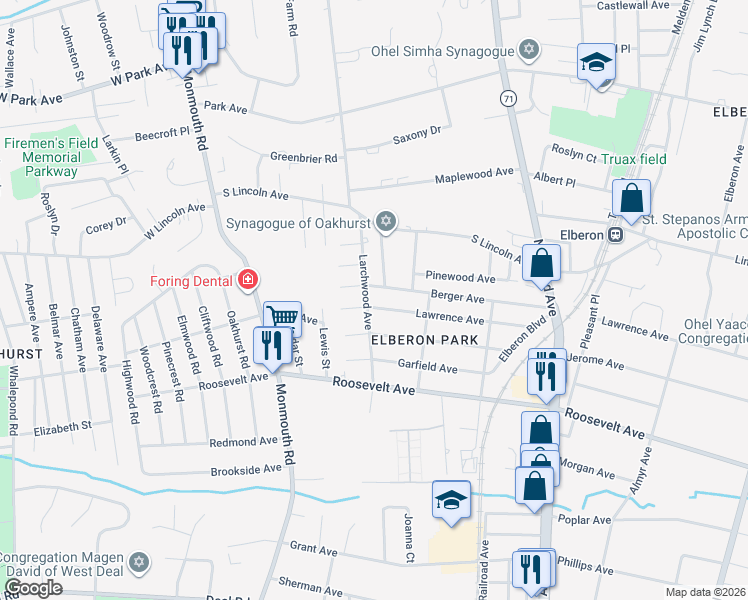 map of restaurants, bars, coffee shops, grocery stores, and more near 291 Lawrence Avenue in Monmouth County
