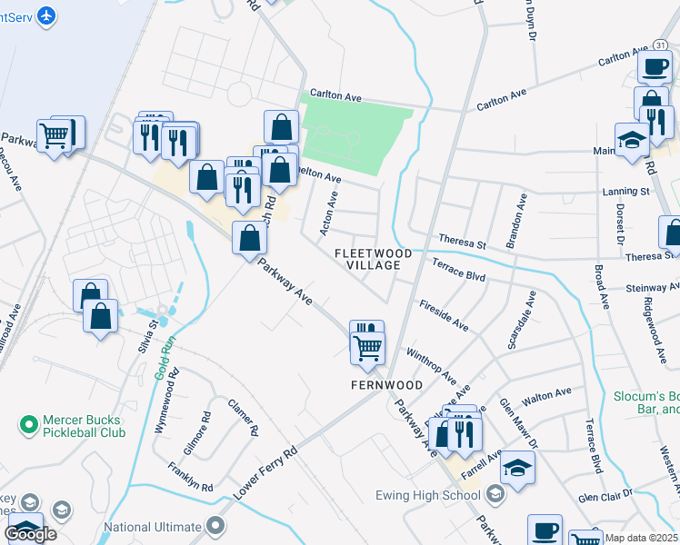 map of restaurants, bars, coffee shops, grocery stores, and more near 21 Dixmont Avenue in Ewing Township