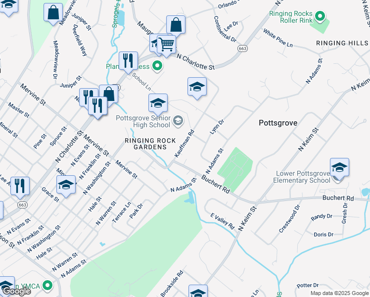 map of restaurants, bars, coffee shops, grocery stores, and more near 1250 Kauffman Road in Pottstown