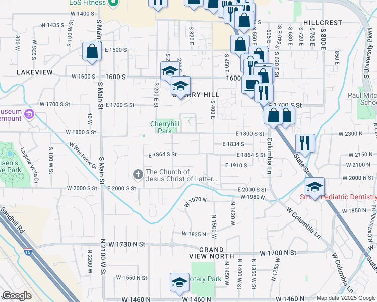 map of restaurants, bars, coffee shops, grocery stores, and more near 311 East 1864 South in Orem