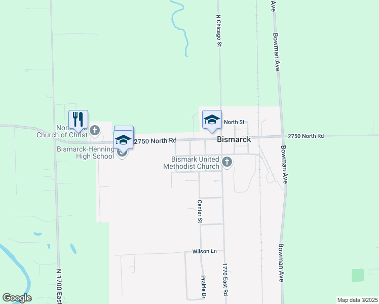 map of restaurants, bars, coffee shops, grocery stores, and more near 201 West South Street in Bismarck