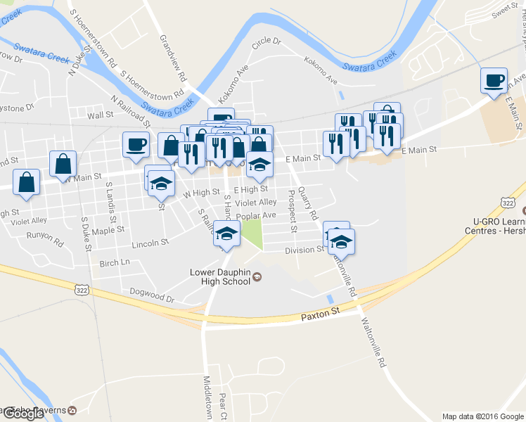 map of restaurants, bars, coffee shops, grocery stores, and more near 100 Poplar Avenue in Hummelstown