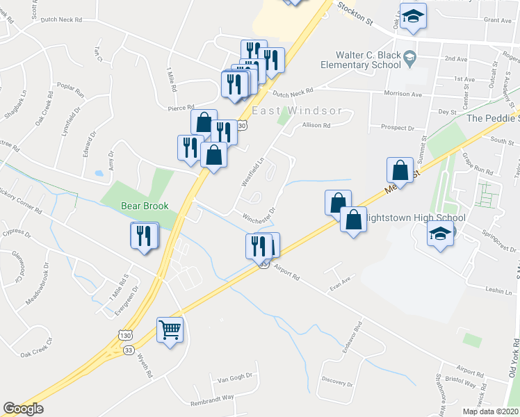 map of restaurants, bars, coffee shops, grocery stores, and more near 77 Chatham Court in East Windsor