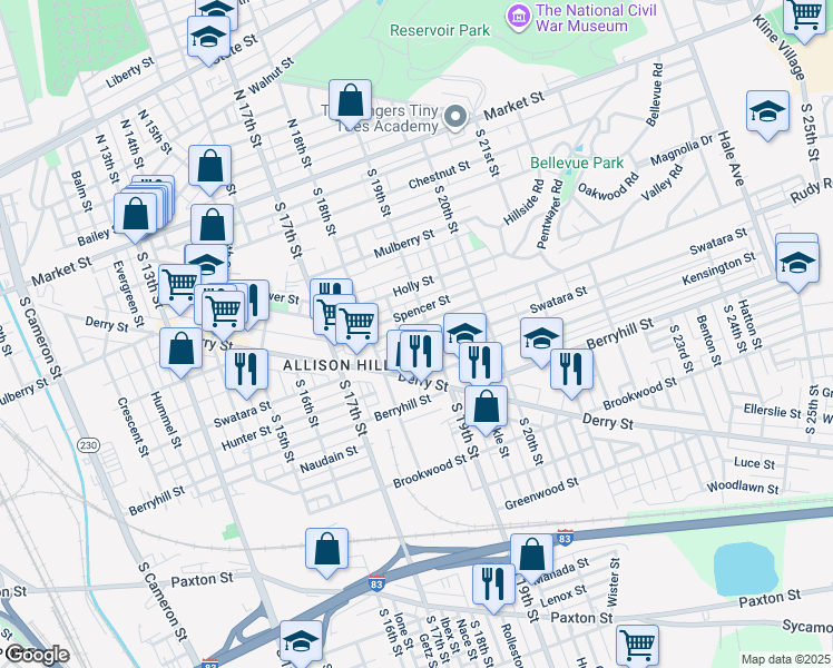 map of restaurants, bars, coffee shops, grocery stores, and more near 1839 Rudy Road in Harrisburg