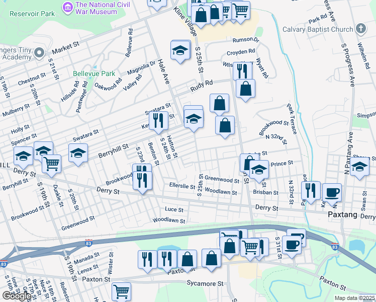 map of restaurants, bars, coffee shops, grocery stores, and more near 2450 Brookwood Street in Harrisburg