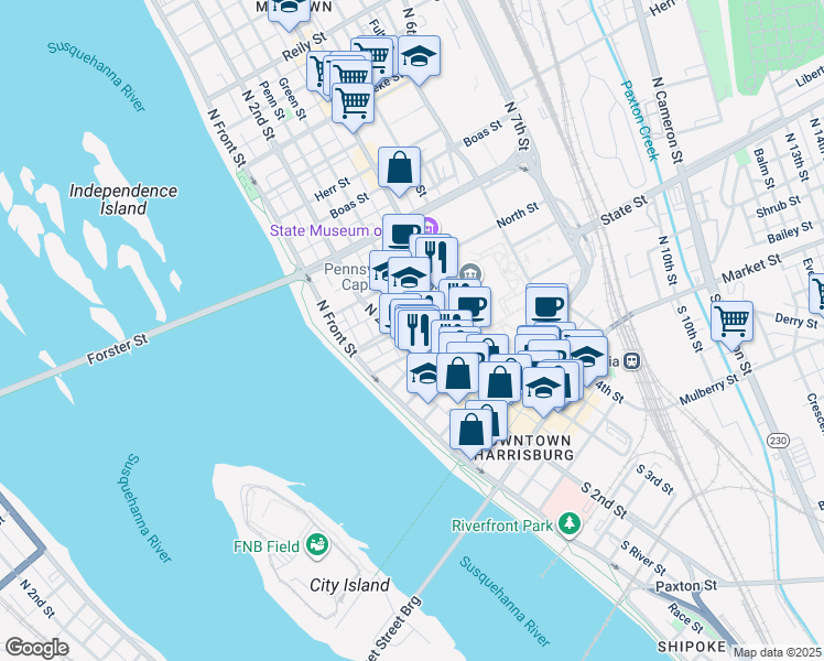map of restaurants, bars, coffee shops, grocery stores, and more near 218 South Street in Harrisburg