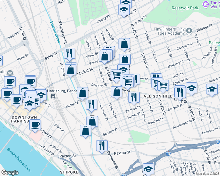 map of restaurants, bars, coffee shops, grocery stores, and more near Mulberry Street in Harrisburg