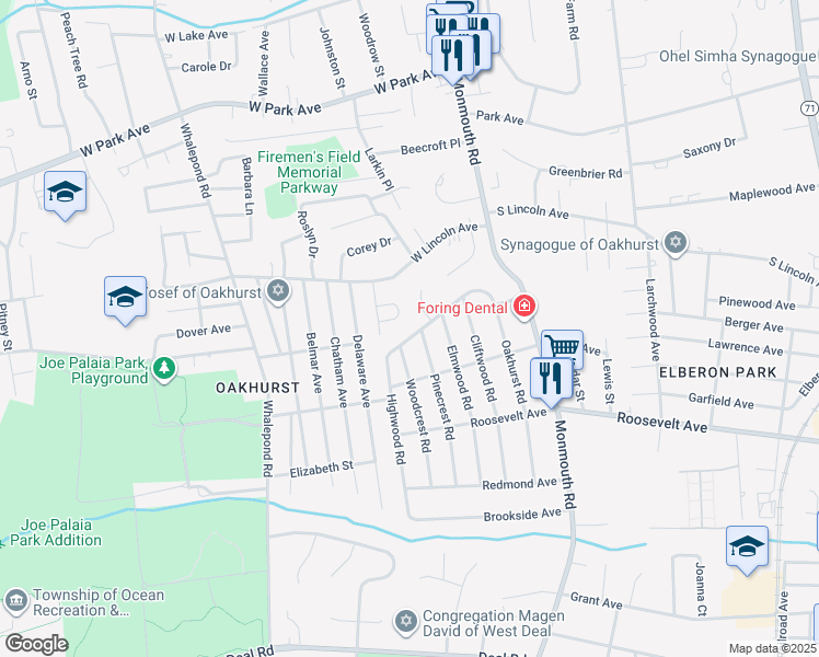 map of restaurants, bars, coffee shops, grocery stores, and more near 453 Harnell Avenue in Monmouth County