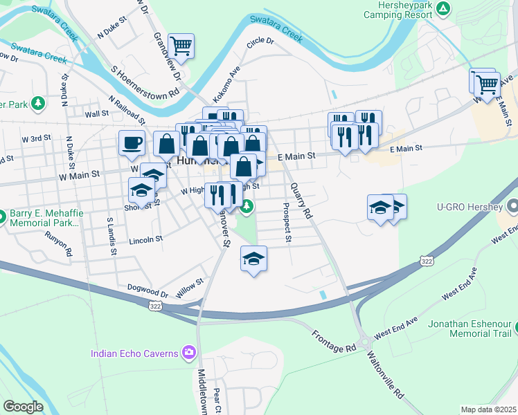 map of restaurants, bars, coffee shops, grocery stores, and more near 102 Poplar Avenue in Hummelstown