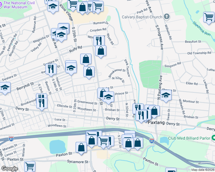 map of restaurants, bars, coffee shops, grocery stores, and more near 2924 Duke Street in Harrisburg