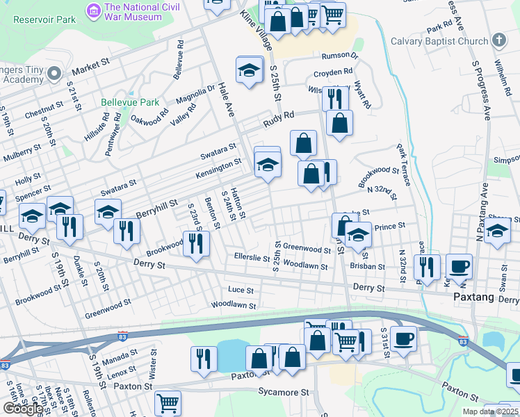 map of restaurants, bars, coffee shops, grocery stores, and more near 2450 Brookwood Street in Harrisburg