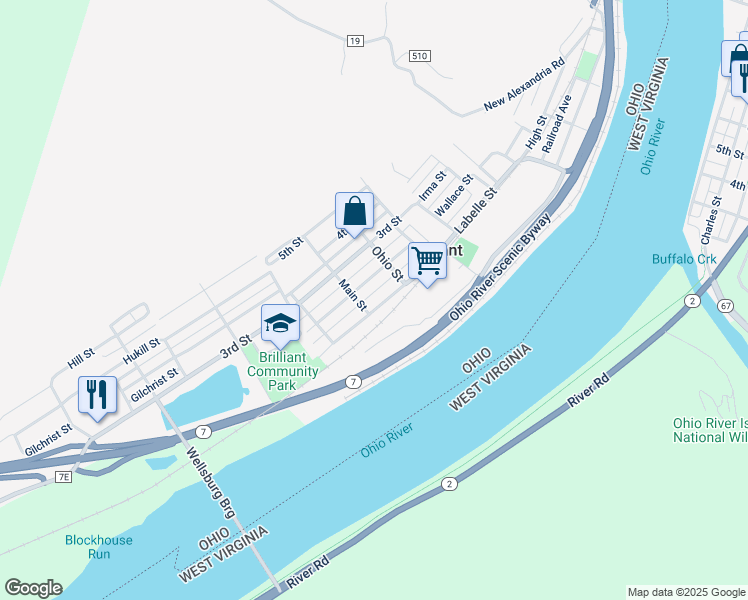 map of restaurants, bars, coffee shops, grocery stores, and more near 100 Main Street in Mingo Junction
