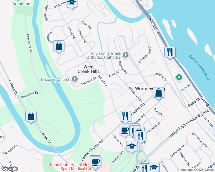 map of restaurants, bars, coffee shops, grocery stores, and more near 158 Erford Road in Camp Hill