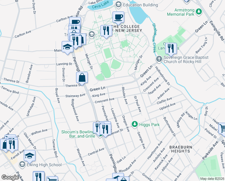 map of restaurants, bars, coffee shops, grocery stores, and more near 70 King Avenue in Trenton