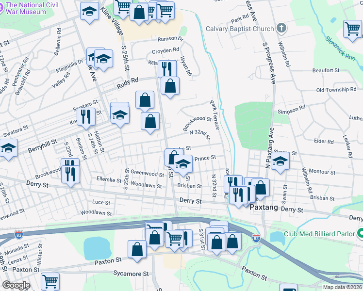 map of restaurants, bars, coffee shops, grocery stores, and more near 2924 Duke Street in Harrisburg
