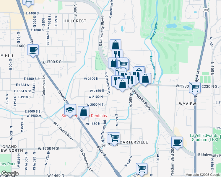 map of restaurants, bars, coffee shops, grocery stores, and more near 2164 North Carterville Road in Provo