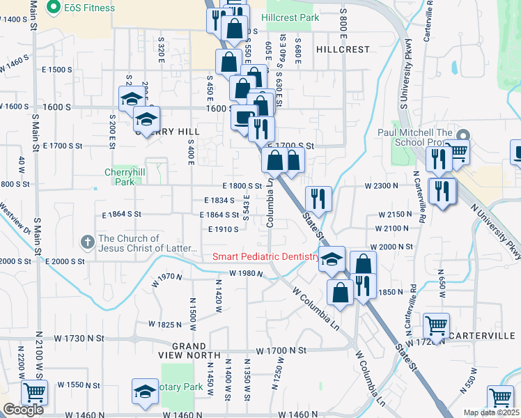 map of restaurants, bars, coffee shops, grocery stores, and more near 1840 South Columbia Lane in Orem