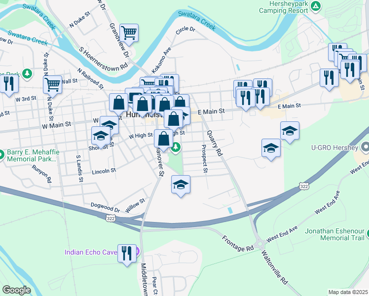map of restaurants, bars, coffee shops, grocery stores, and more near 102 Poplar Avenue in Hummelstown