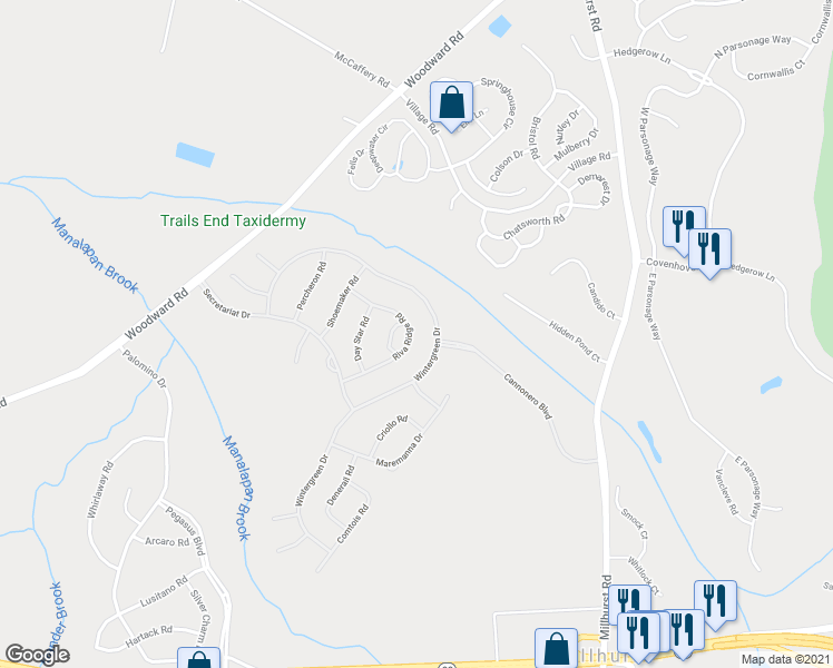 map of restaurants, bars, coffee shops, grocery stores, and more near 36 Riva Ridge Road in Manalapan Township