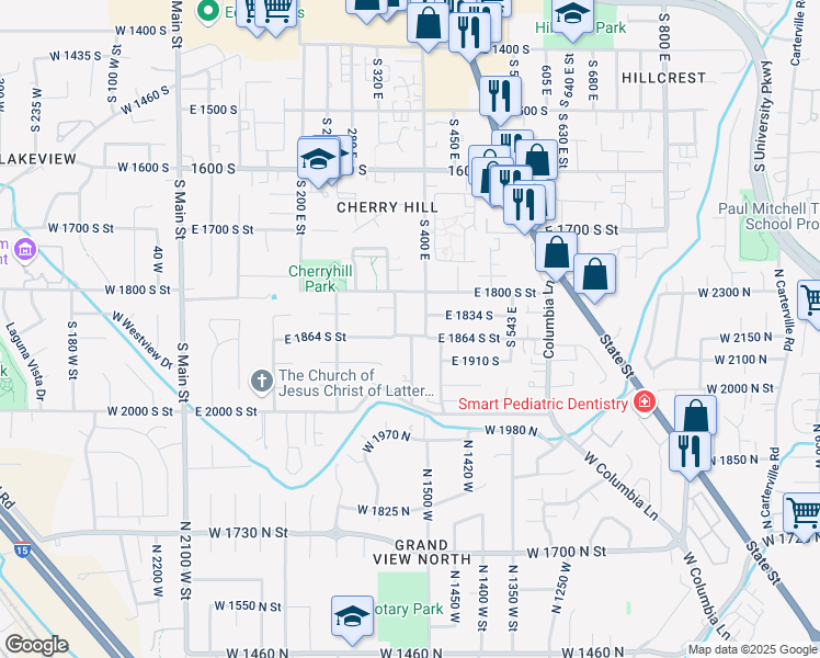map of restaurants, bars, coffee shops, grocery stores, and more near 373 East 1864 South Street in Orem