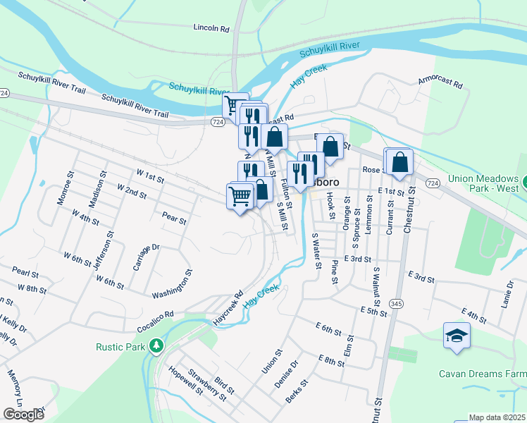 map of restaurants, bars, coffee shops, grocery stores, and more near 119 South Furnace Street in Birdsboro