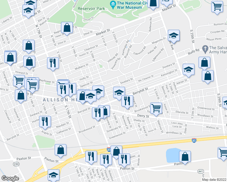 map of restaurants, bars, coffee shops, grocery stores, and more near 2026 Kensington Street in Harrisburg