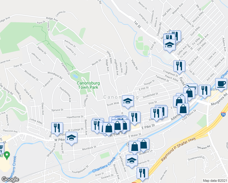map of restaurants, bars, coffee shops, grocery stores, and more near 311 Ridge Avenue in Canonsburg
