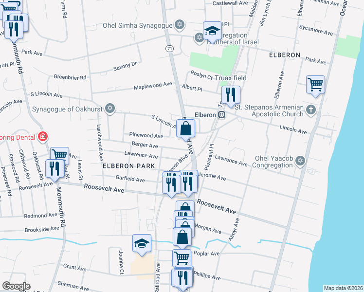 map of restaurants, bars, coffee shops, grocery stores, and more near 4 Berger Avenue in Monmouth County
