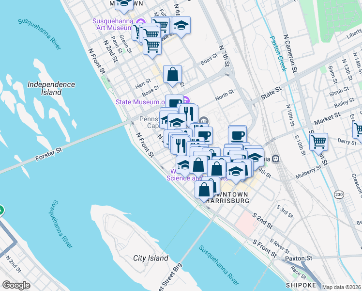 map of restaurants, bars, coffee shops, grocery stores, and more near 218 South Street in Harrisburg